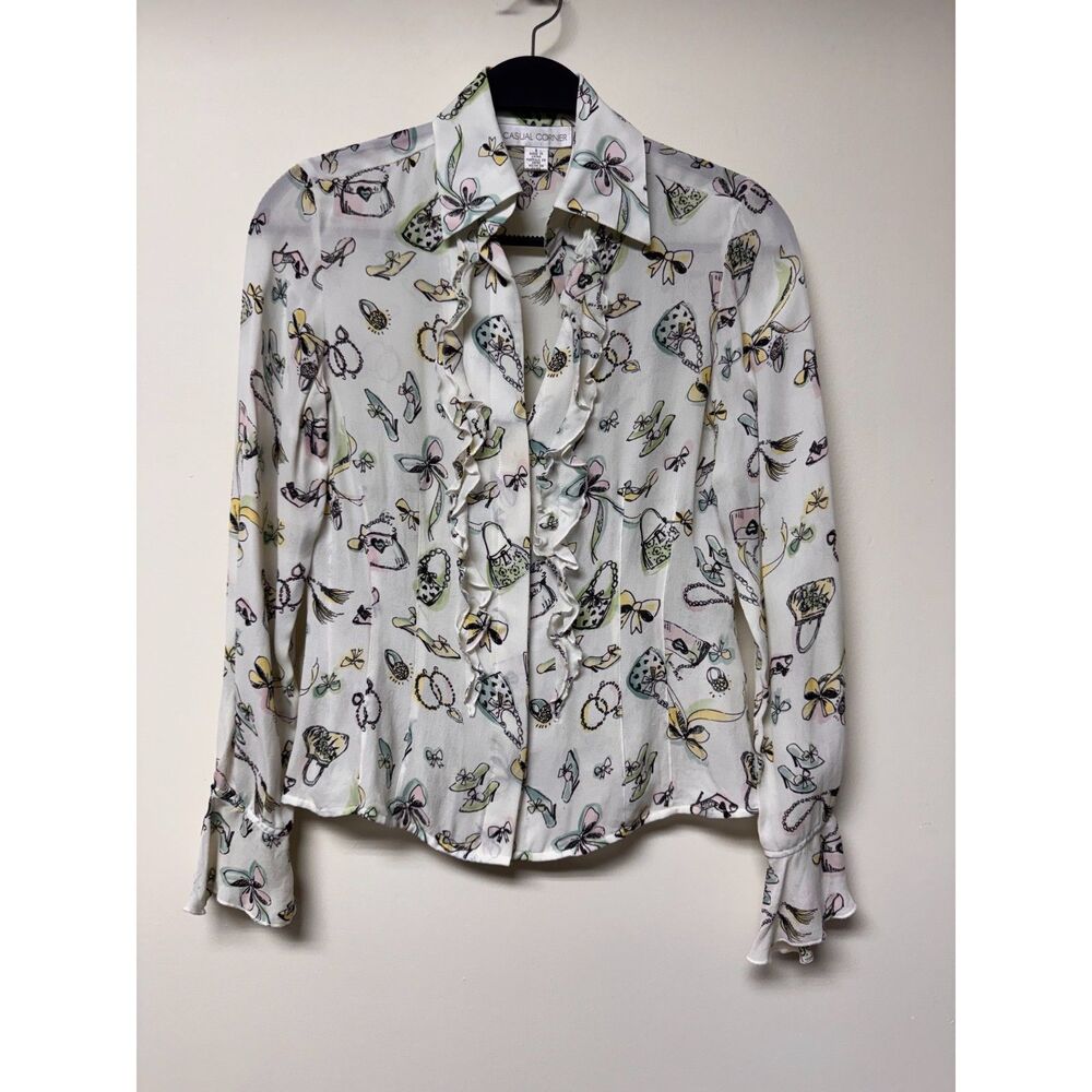 VINTAGE - CASUAL CORNER 100% Silk Novelty Print Ruffle L/S Blouse, Sz 6